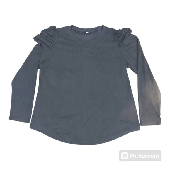 Women's Black Polyester Blend Long-Sleeved Shirt W/Puffy Ruched Shoulders, 2XL - Picture 1 of 7
